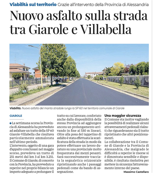 Asfaltato un tratto della SP60 Giarole - Villabella
